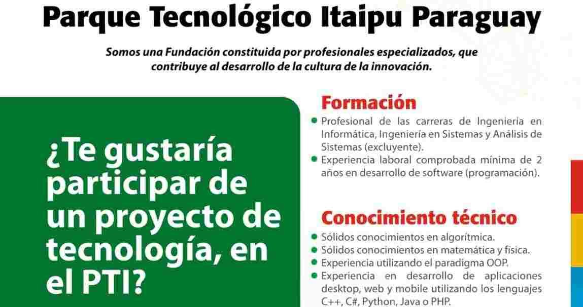 Itaipú FPTI convoca Ingenierios en Informática para llenar 9 vacancias