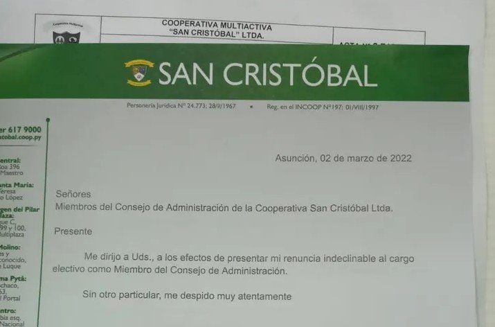 Juan Carlos Ozorio renuncia también a la cooperativa San Cristóbal