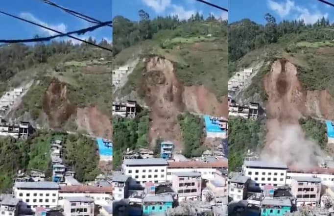 Video del instante en que parte de un cerro cae y sepulta decenas de viviendas