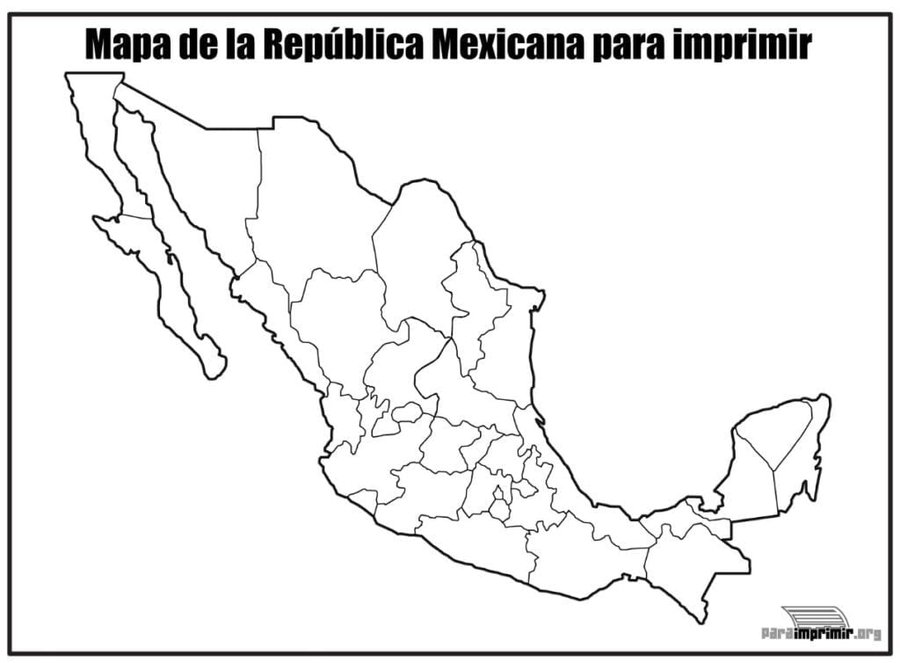 Mapa de la República Mexicana sin nombres y división política para imprimir y colorear