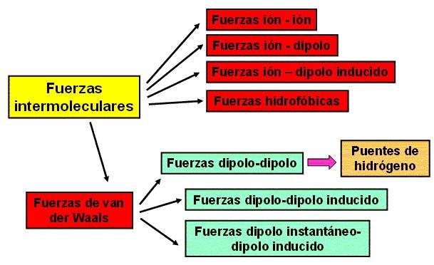 Un diagrama que muestra las fuerzas relativas de las fuerzas intramoleculares e intermoleculares.