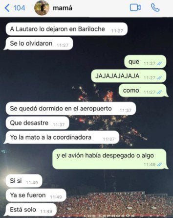 La conversación entre una alumna y su mamá sobre el momento en el que se olvidaron a Lautaro en Bariloche. (foto: Twitter/avru_lara).