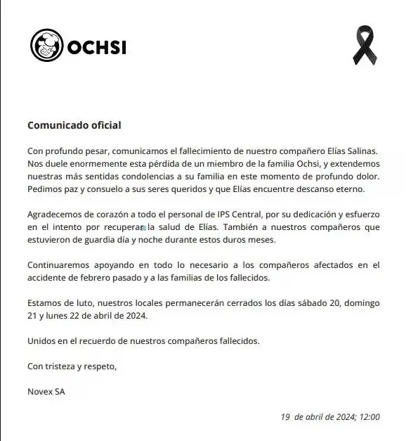 Comunicado de Ochsi que confirma la muerte de un cuarto trabajador por la explosión de un tanque de amoníaco.