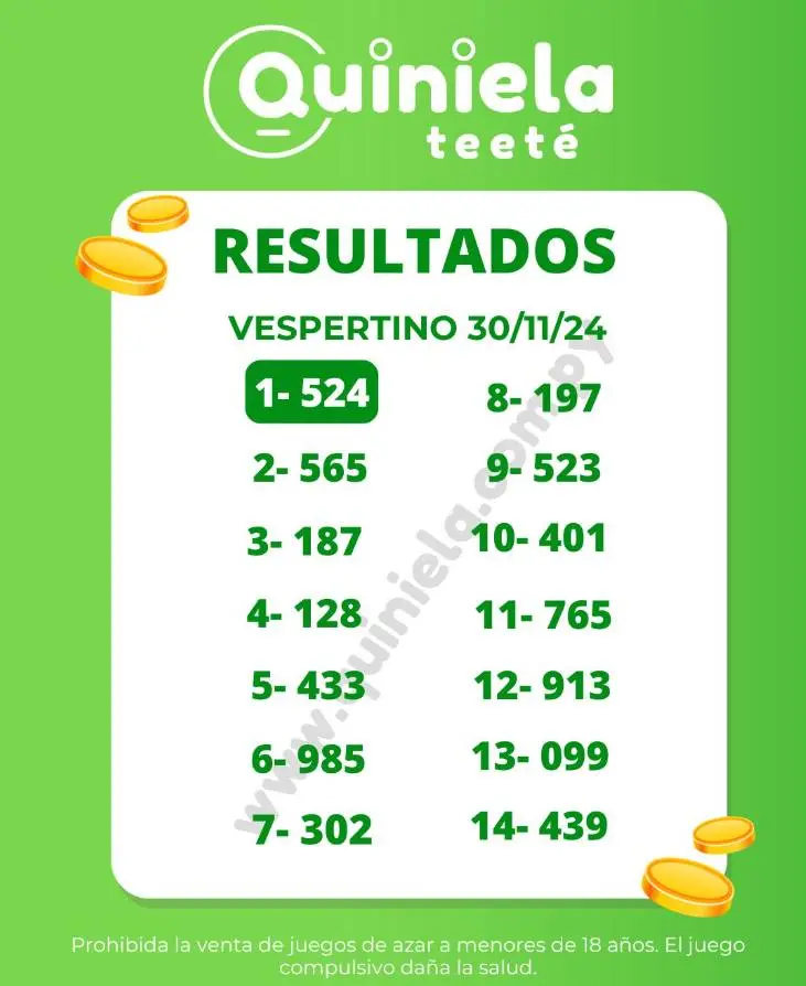 Quiniela Vespertino del 30 de Noviembre de 2024 resultado del sorteo