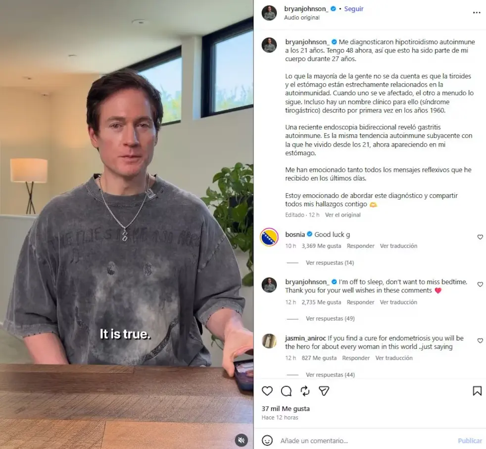 Una colonoscopia, una endoscopia alta y cinco biopsias del estómago confirmaron signos tempranos de gastritis autoinmune en Johnson (Instagram/@bryanjohnson_)