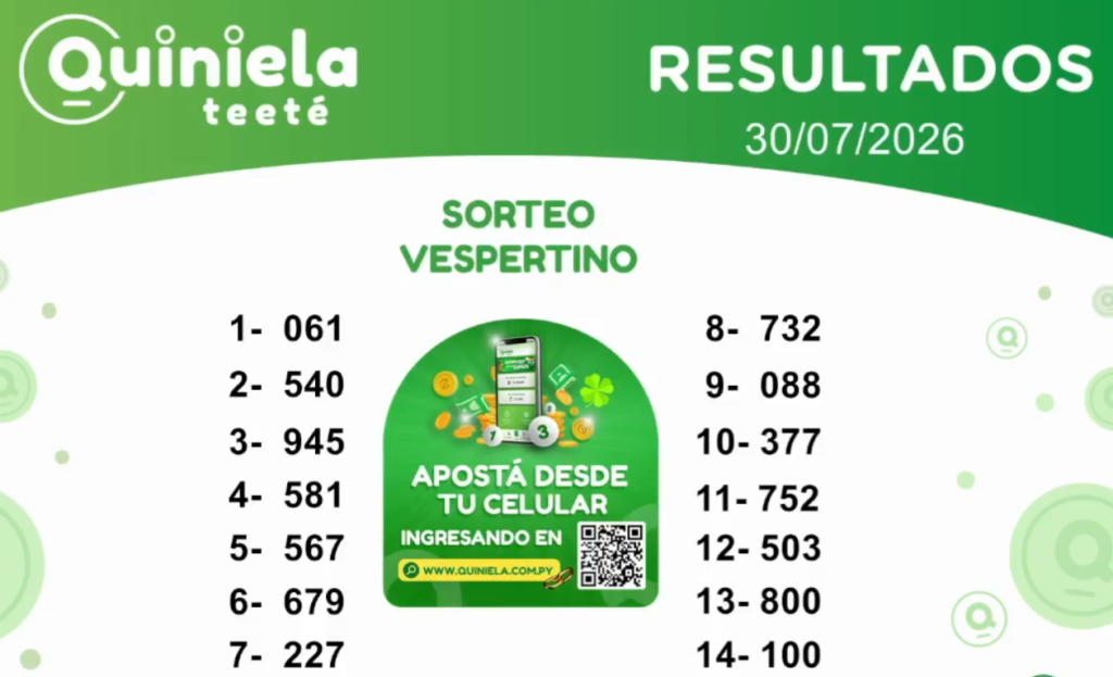 Quiniela Vespertino del 30 de Julio de 2026 resultado del sorteo